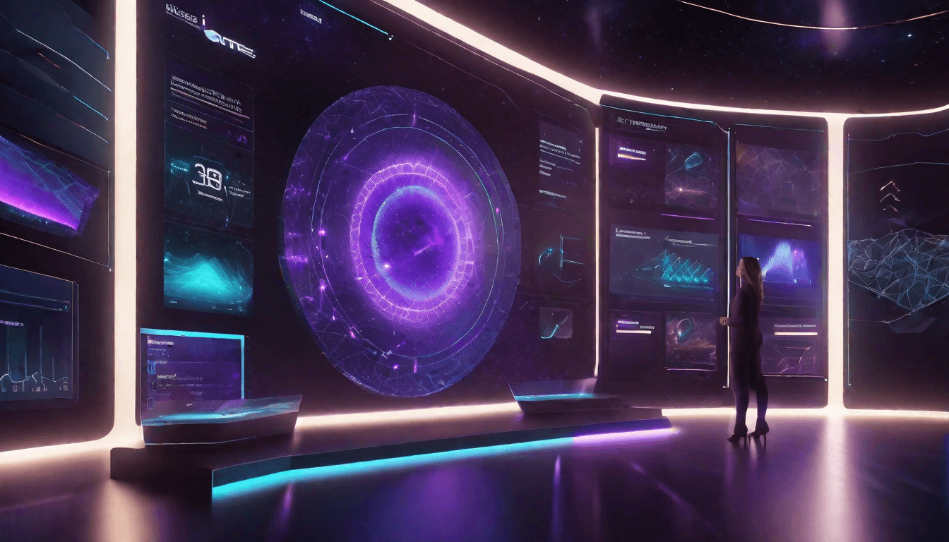 Futuristic holographic event management platform with floating glass panels and AI data streams